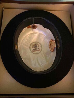 Vintage Stevens Black Fedora Hat Size 7 1/4 Fur Felt Tele Pinch w/ Original Box